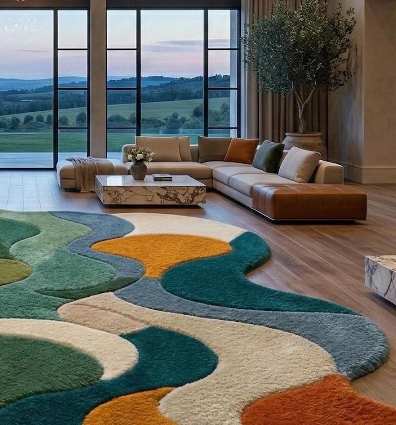 Colorful rug, Hand-Tufted Rug- Abstract Wavy Design in Forest Green, Teal, Terracotta, Luxurious Large Area Rug for Living Room & Bedroom