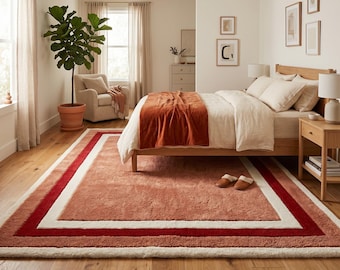 Hand Tufted Wool Rug, Modern Terracotta, Burnt Orange & Cream Geometric Border Carpet for Living Room, 9x12 Mid Century Cozy Bedroom Decor