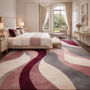 Modern Abstract Rug: Hand Tufted Wool, Large Contemporary Grey and Blush Pink Designer Rug