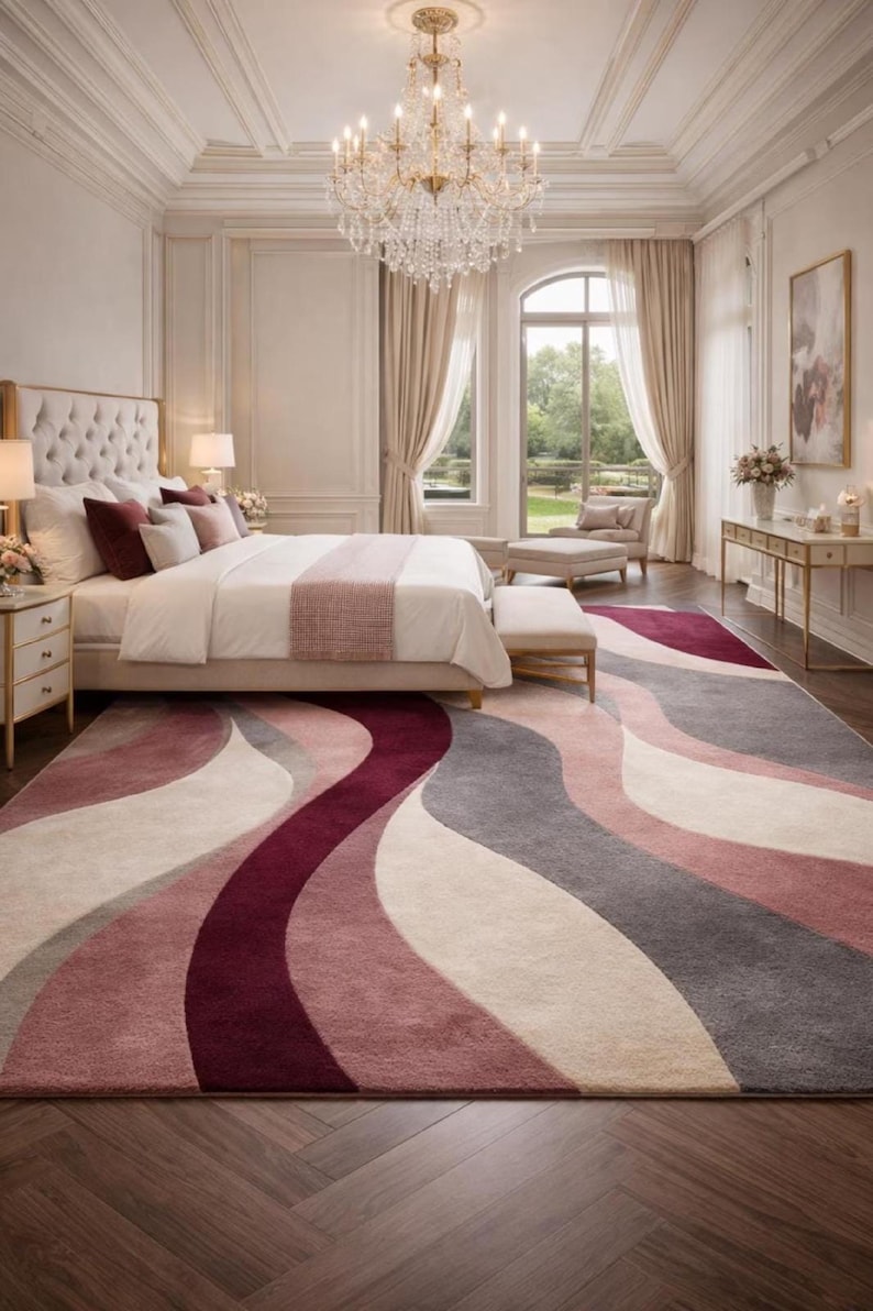 Modern Abstract Rug: Hand Tufted Wool, Large Contemporary Grey and Blush Pink Designer Rug