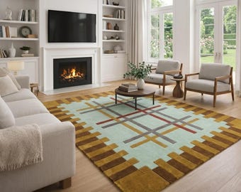 Hand Tufted Modern Area Rug |  Sky Blue and Red Rust Border Carpet | Contemporary Living Room Rug | Premium Soft Wool Look | Custom Size Rug