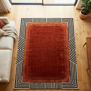 Mid Century Rug, Modern Burnt Orange Art Deco Area Rug, Geometric Terracotta Carpet for Living Room, Retro 70s Style Large Home Decor Rug