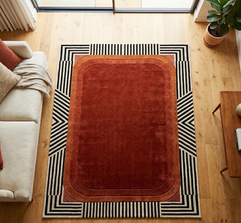 Mid Century Rug, Modern Burnt Orange Art Deco Area Rug, Geometric Terracotta Carpet for Living Room, Retro 70s Style Large Home Decor Rug