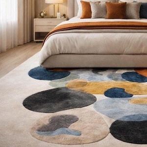 Mid century rug style, Modern Abstract Organic Carpet Beige, Blue, Mustard Orange Contemporary Rugs for living room, Bedroom 9x12 rugs