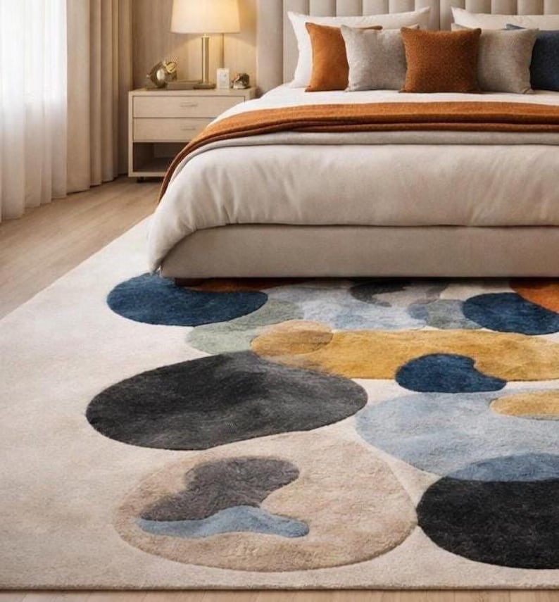 Mid century rug style, Modern Abstract Organic Carpet Beige, Blue, Mustard Orange Contemporary Rugs for living room, Bedroom 9x12 rugs
