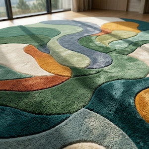 Colorful rug, Hand-Tufted Rug- Abstract Wavy Design in Forest Green, Teal, Terracotta, Luxurious Large Area Rug for Living Room & Bedroom
