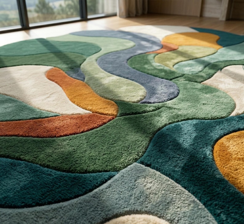 Colorful rug, Hand-Tufted Rug- Abstract Wavy Design in Forest Green, Teal, Terracotta, Luxurious Large Area Rug for Living Room & Bedroom