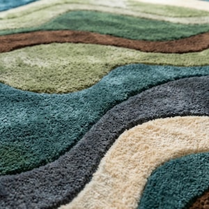 Large Area Rug — Retro Boho Shag Tufted Rug, Mid-Century Modern Living Room Carpet, Green, Brown & Cream Abstract Accent
