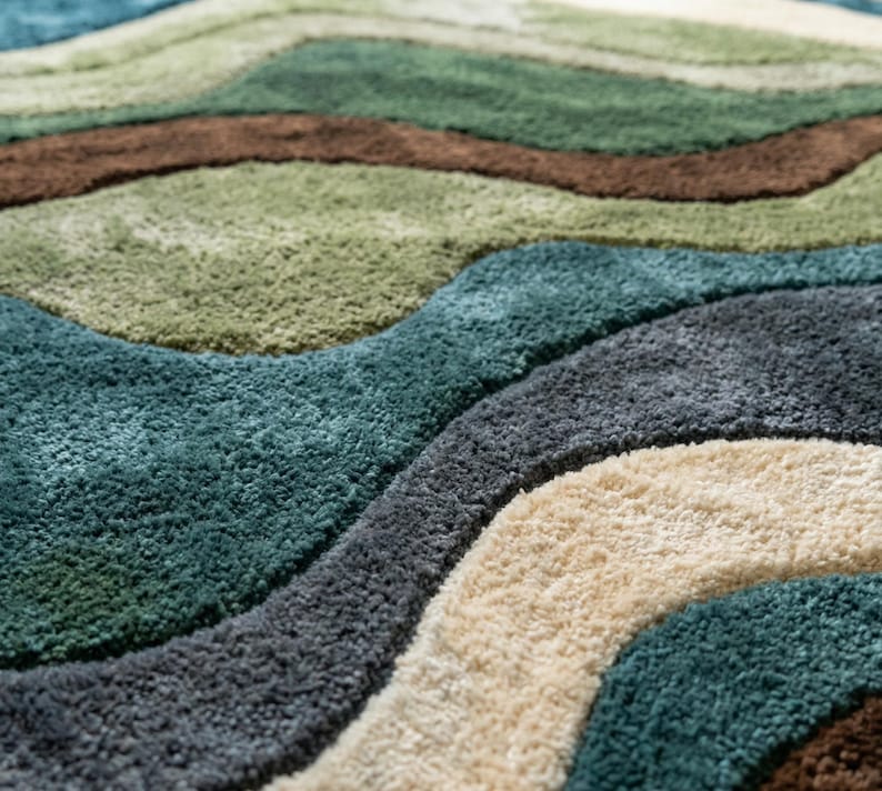 Large Area Rug — Retro Boho Shag Tufted Rug, Mid-Century Modern Living Room Carpet, Green, Brown & Cream Abstract Accent