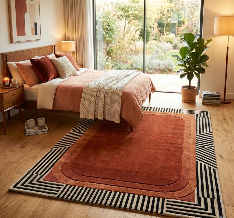 Mid Century Rug, Modern Burnt Orange Art Deco Area Rug, Geometric Terracotta Carpet for Living Room, Retro 70s Style Large Home Decor Rug
