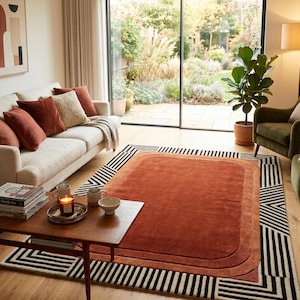 Mid Century Rug, Modern Burnt Orange Art Deco Area Rug, Geometric Terracotta Carpet for Living Room, Retro 70s Style Large Home Decor Rug
