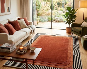 Mid Century Modern Rug, Burnt Orange Art Deco Area Rug, Geometric Terracotta Carpet for Living Room, Retro 70s Style Large Home Decor Rug