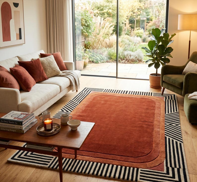 Mid Century Rug, Modern Burnt Orange Art Deco Area Rug, Geometric Terracotta Carpet for Living Room, Retro 70s Style Large Home Decor Rug