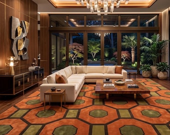 Mid Century Modern Geometric Hand Tufted Wool Rug, Retro 70s Hexagon Area Rug, Orange Green Living Room Carpet, 8x10 9x12, handmade Rug