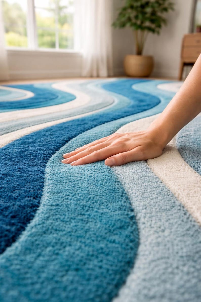 Hand Tufted Rug, Blue Teal Ivory Rug, 9x12 Area Rug, Large Living Room Rug, Custom Carpet Area