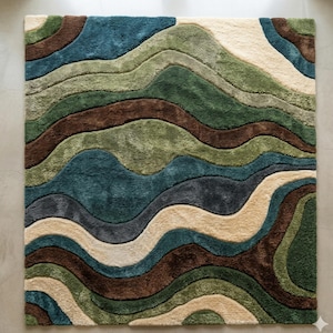 Large Area Rug — Retro Boho Shag Tufted Rug, Mid-Century Modern Living Room Carpet, Green, Brown & Cream Abstract Accent