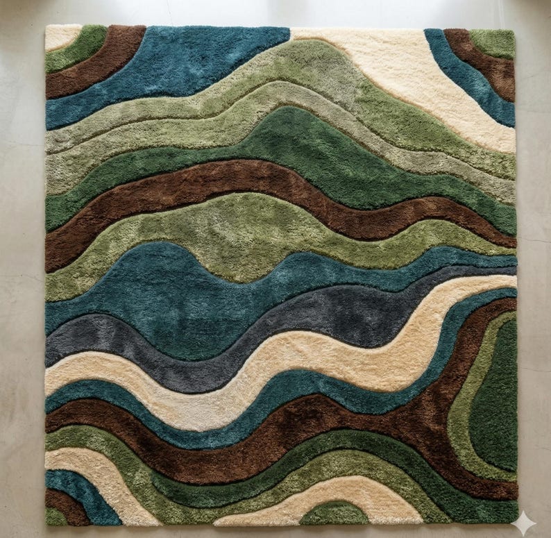 Large Area Rug — Retro Boho Shag Tufted Rug, Mid-Century Modern Living Room Carpet, Green, Brown & Cream Abstract Accent