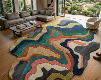 Hand-Tufted Rug Irregular Shape, 8x10 Area Rug Wool, Large Abstract Wavy Rug, Colorful 3D Textured Modern Art Rug for Luxury Bedroom