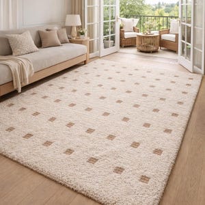 Hand Tufted Wool Rug - Cream & Beige Polka Dot Grid Rug - Large Area Rug for Living Room, Bedroom -Sage Thick Pile Boho Rug, 8x10 Area rug