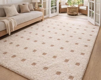 Hand Tufted Wool Rug - Cream & Beige Polka Dot Grid Rug - Large Area Rug for Living Room, Bedroom -Sage Thick Pile Boho Rug, 8x10 Area rug