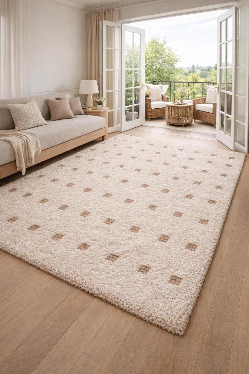 Hand Tufted Wool Rug - Cream & Beige Polka Dot Grid Rug - Large Area Rug for Living Room, Bedroom -Sage Thick Pile Boho Rug, 8x10 Area rug
