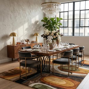 Handmade earth tone abstract wavy wool rug in a luxury living room