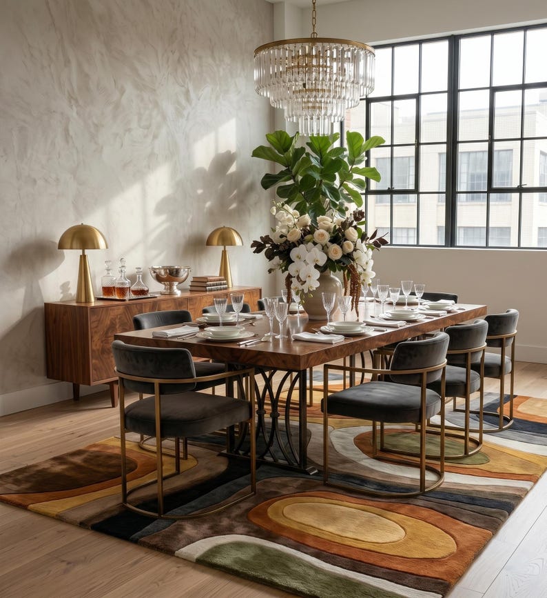 Handmade earth tone abstract wavy wool rug in a luxury living room