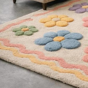 Floral area rug kawaii home decor, colorful soft wool rug, custom hand tufted rug