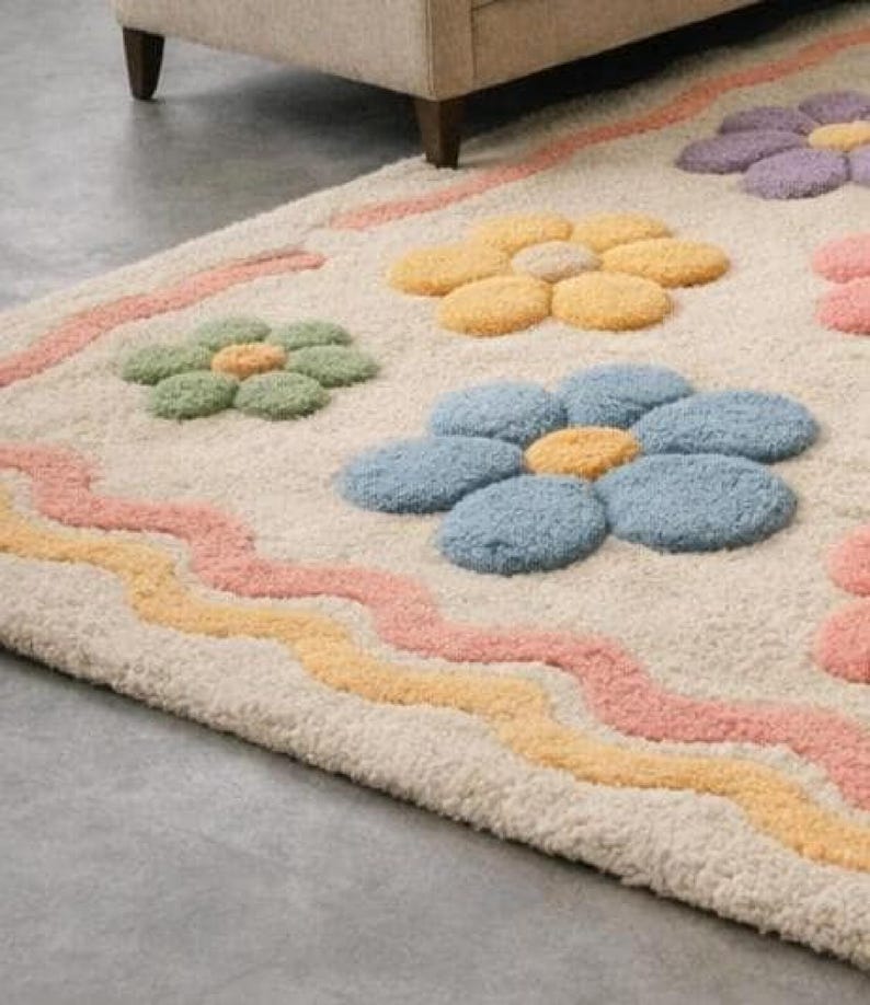 Floral area rug kawaii home decor, colorful soft wool rug, custom hand tufted rug
