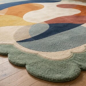 Scalloped Wool Rug, Mid Century Modern Abstract Carpet, Artisan Hand Tufted Area Rug