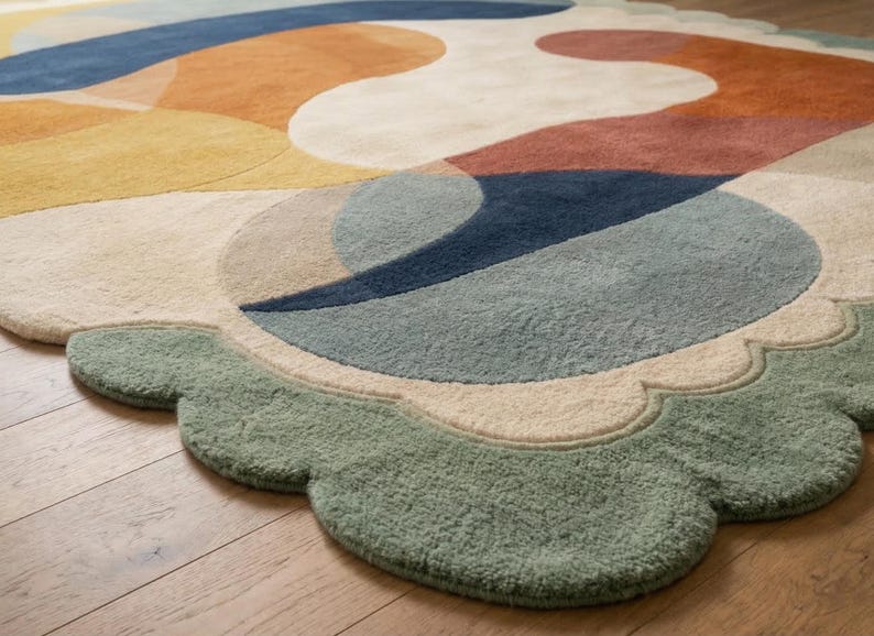 Scalloped Wool Rug, Mid Century Modern Abstract Carpet, Artisan Hand Tufted Area Rug