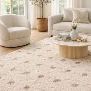 Hand Tufted Wool Rug - Cream & Beige Polka Dot Grid Rug - Large Area Rug for Living Room, Bedroom -Sage Thick Pile Boho Rug, 8x10 Area rug