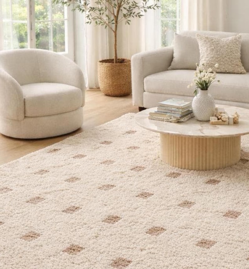 Hand Tufted Wool Rug - Cream & Beige Polka Dot Grid Rug - Large Area Rug for Living Room, Bedroom -Sage Thick Pile Boho Rug, 8x10 Area rug