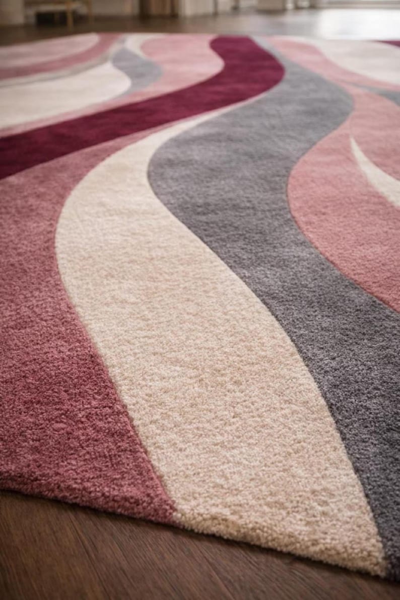 Modern Abstract Rug: Hand Tufted Wool, Large Contemporary Grey and Blush Pink Designer Rug