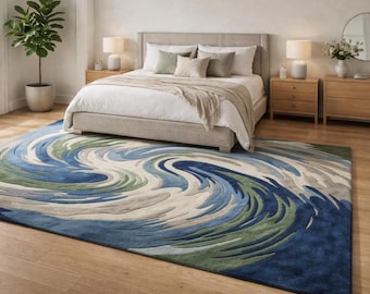 Hand tufted wool rug, Blue Green Fish Abstract Wool Rug, Hand Tufted Area Rugs for Living Room,Bedroom