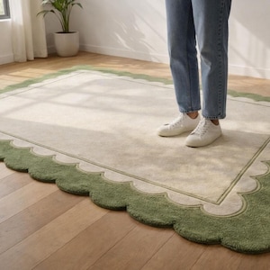Oversized Sage Green Scalloped Rug, Hand Tufted Wool Area Rug, Large Cream & Green Border Rug, Luxury Living Room Rug, Modern Minimalist rug