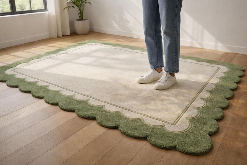 Oversized Sage Green Scalloped Rug, Hand Tufted Wool Area Rug, Large Cream & Green Border Rug, Luxury Living Room Rug, Modern Minimalist rug