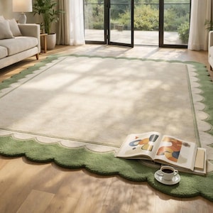 Oversized Sage Green Scalloped Rug, Hand Tufted Wool Area Rug, Large Cream & Green Border Rug, Luxury Living Room Rug, Modern Minimalist rug