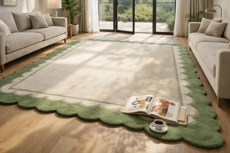 Oversized Sage Green Scalloped Rug, Hand Tufted Wool Area Rug, Large Cream & Green Border Rug, Luxury Living Room Rug, Modern Minimalist rug