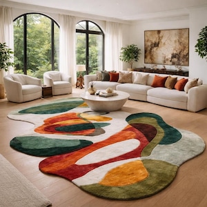 Irregular Shape Rug, Hand-Tufted Wool Carpet for Living Room, Modern Mid-Century Art Area Rug, Large Organic Shape Colorful Rug