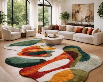 Irregular Shape Rug, Hand-Tufted Wool Carpet for Living Room, Modern Mid-Century Art Area Rug, Large Organic Shape Colorful Rug