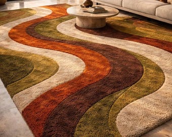 Retro 70s Style Wavy Hand-Tufted Wool Rug - Modern Abstract Brown, Orange Area Rug - High Pile Shaggy Rug for Living Room, Bedroom, Office