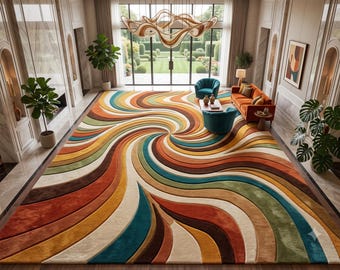 70s Retro Swirl Area Rug | Mid Century Modern Funky Groovy Carpet | Psychedelic Wavy Orange Teal Tufted Rug | Vintage Style Boho Decor 12x15
