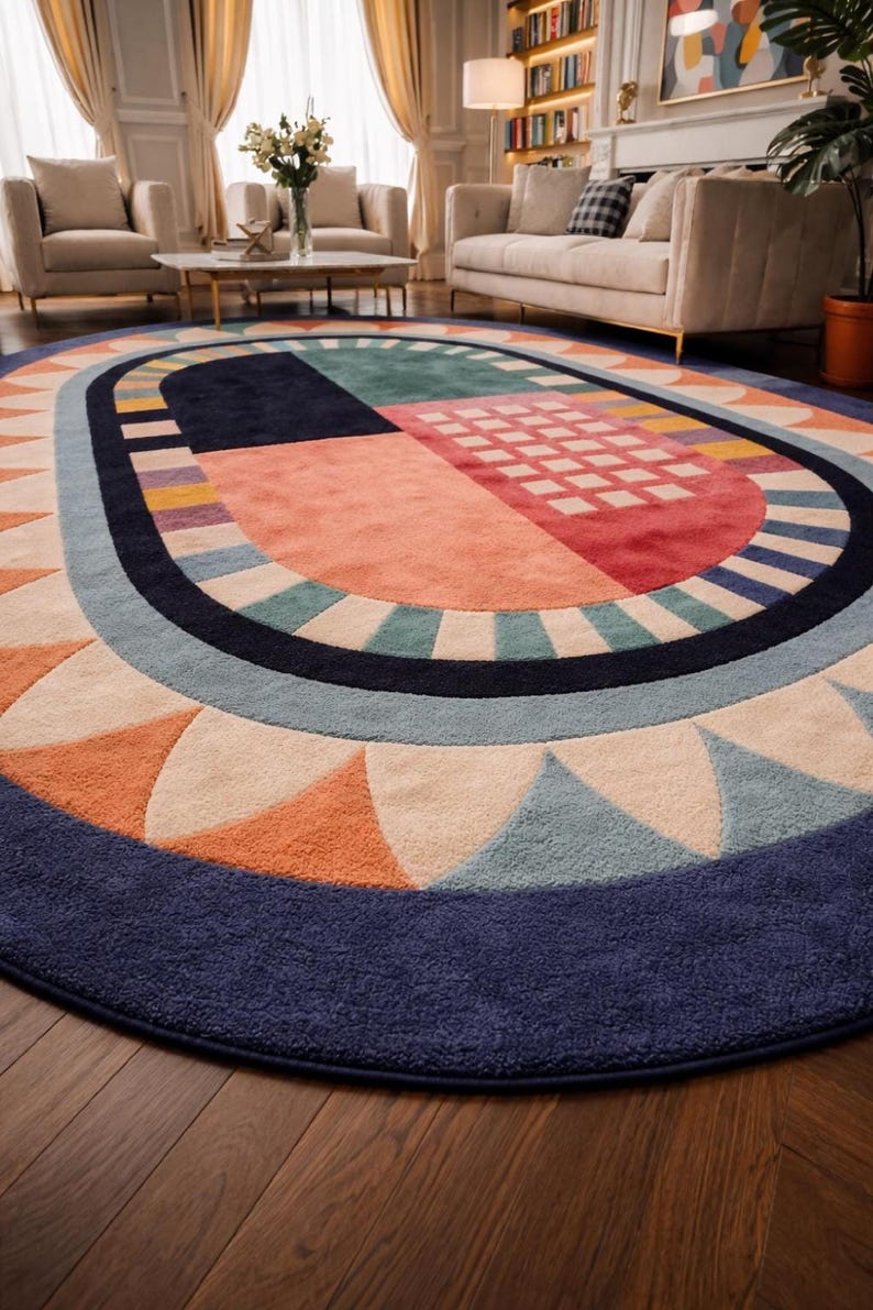 Hand tufted wool rug oval colorful abstract bedroom rug soft wool rug luxury rug