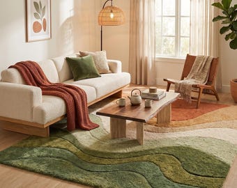 Modern Abstract Area Rug in Sage Green & Terracotta, Hand Tufted Pure Wool Carpet for Minimalist Living Room or Bedroom Decor