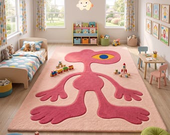 Pink Abstract Kids Rug, Hand Tufted Wool Area Rug, Funky Character Carpet, Playroom Nursery Decor, Irregular Statement Rug, Custom Size