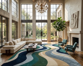 Hand Tufted Rug, Abstract Wave Rug for Modern Living Room, Designer Rug Statement Decor, Large Area Rug Custom Size, Bedroom Rug