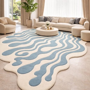 Hand Tufted Wool Rug, Irregular shaped rug, Modern Abstract Wavy Rug Contemporary Statement Rug for Living Room & Bedroom 5x8 6x9 8x10 9x12