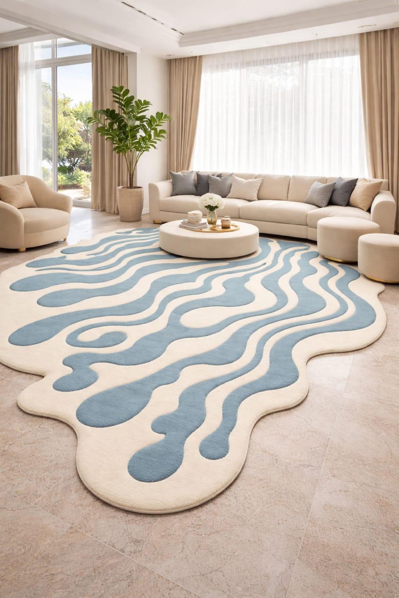 Hand Tufted Wool Rug, Irregular shaped rug, Modern Abstract Wavy Rug Contemporary Statement Rug for Living Room & Bedroom 5x8 6x9 8x10 9x12
