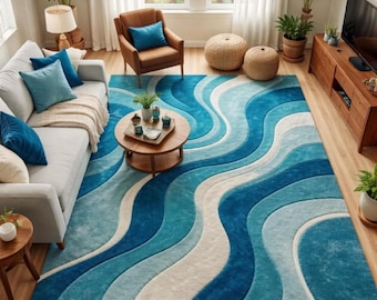 Hand Tufted Rug, Blue Teal Ivory Rug, 9x12 Area Rug, Large Living Room Rug, Custom Carpet Area